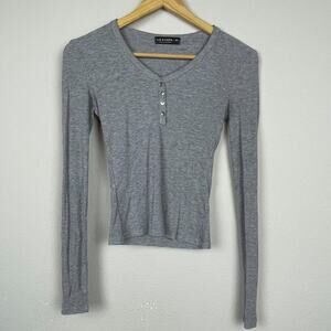 Liz & Sara Ribbed V-Neck Long Sleeve Top‎ Gray XS Y2K Stretchy Basic